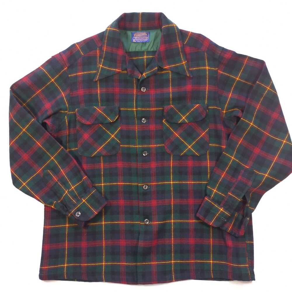 Vintage 70s Pendleton Board Shirt Mens L Wool Flannel Loop Collar Plaid VTG USA